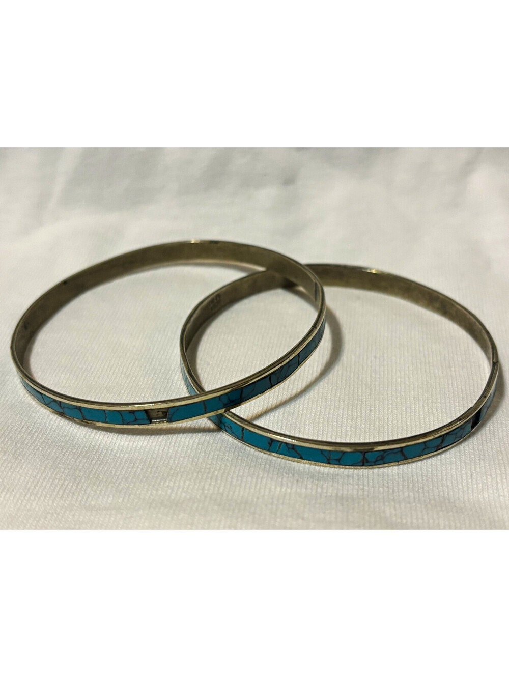 Vintage Silver Turquoise Inlay Round Bangle Bracelet Set of 2 Signed Mexico